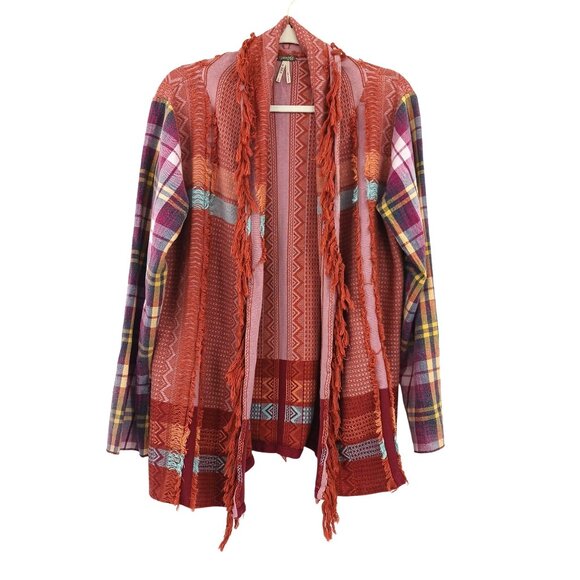 Gimmicks by BKE Open Front Fringe Cardigan Size Large Multicolor Plaid Boho - Picture 3 of 13